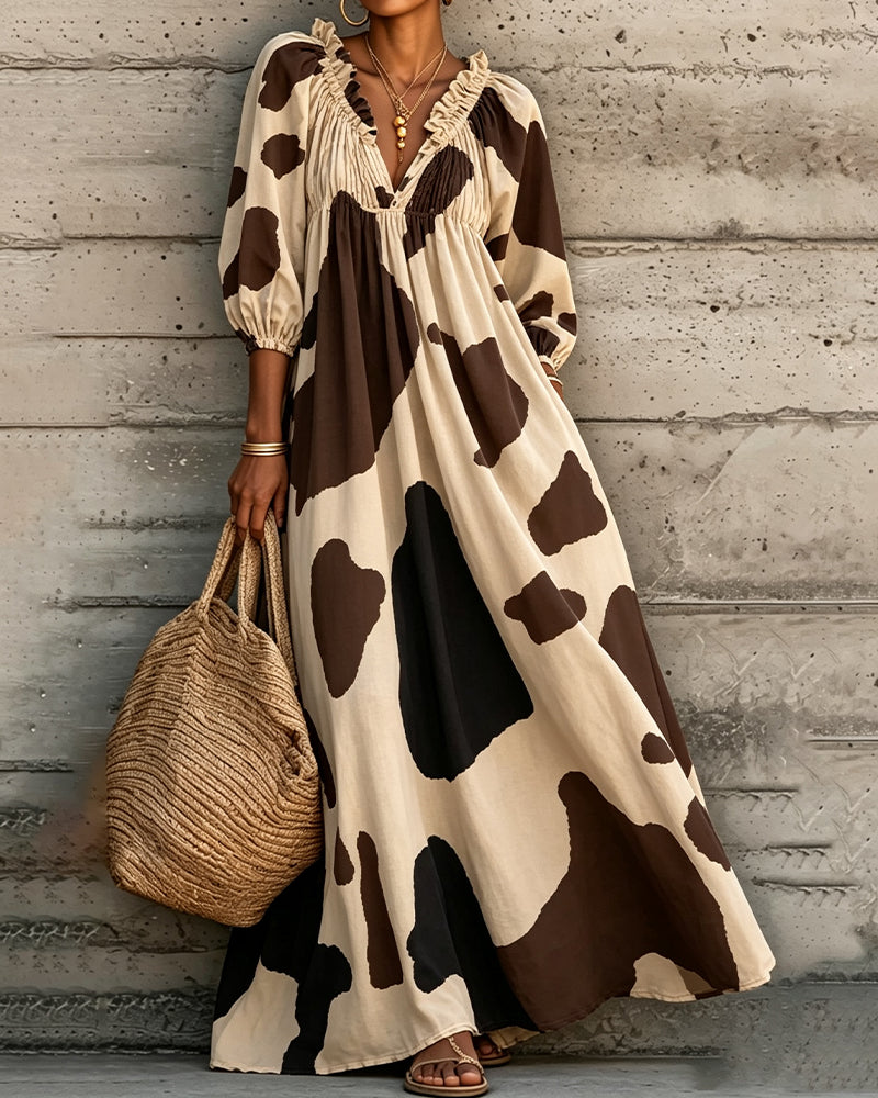 Shirred V-Neck Ruffle Dress