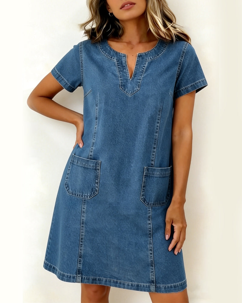 Small V-Neck Denim Shift Dress