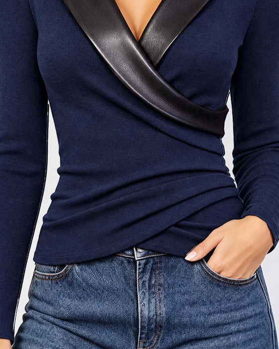 PU Lapel Cross Long Sleeve Top