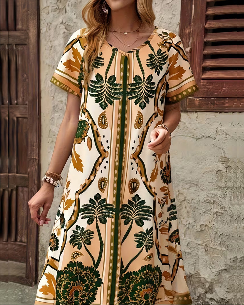 Tropical Floral Print Loose Fit A-Line Dress