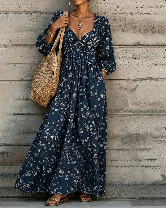Ruched Floral Puff Sleeve Full Skirt Dress