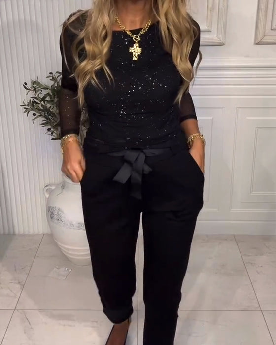 Long-Sleeved Sequined Patchwork Top