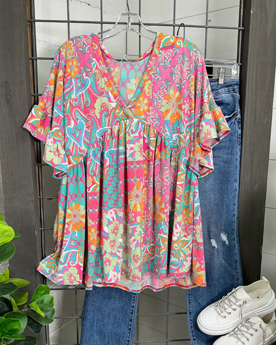 Colorful short-sleeved blouse