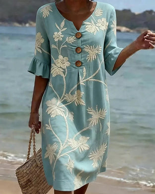 Petite V-Neck Ruffle Three-Quarter Sleeve Dress
