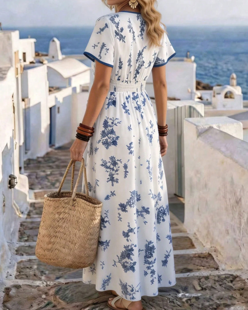V-Neck Cinched-Waist Floral Maxi Dress