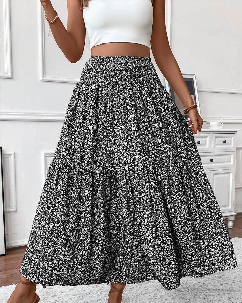 Layered Tiny Flower Print A-Line Long Skirt