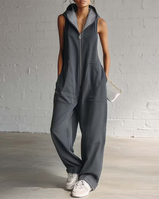 Hooded Solid Color Pocket Jumpsuit