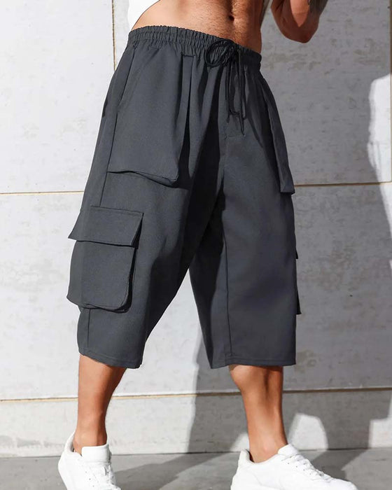 Elastic Waist Pocket Solid Color Cargo Pants