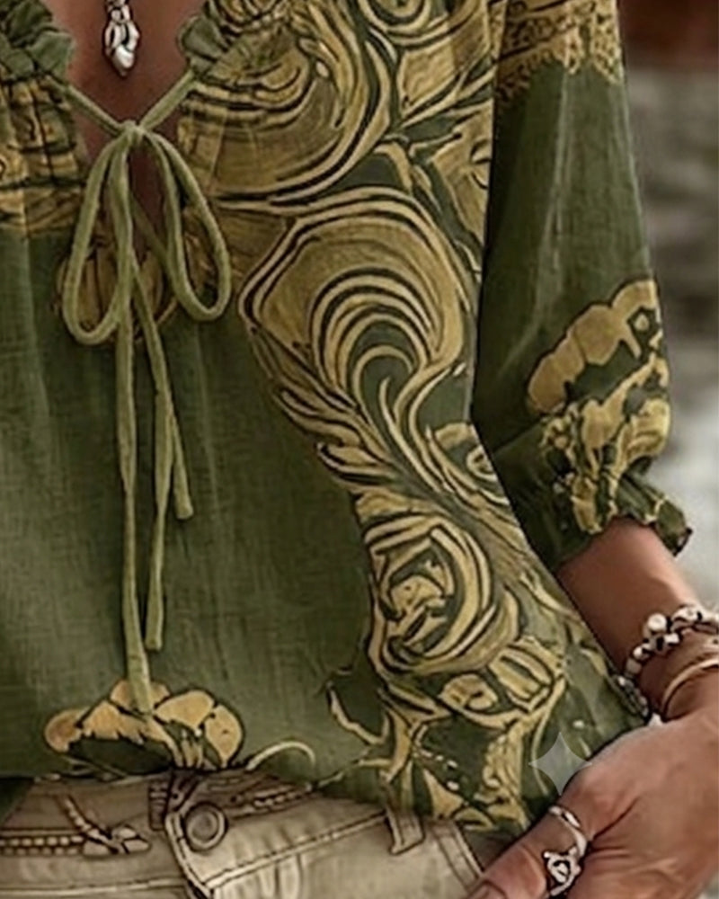 V-Neck Tie Puff Sleeve Blouses