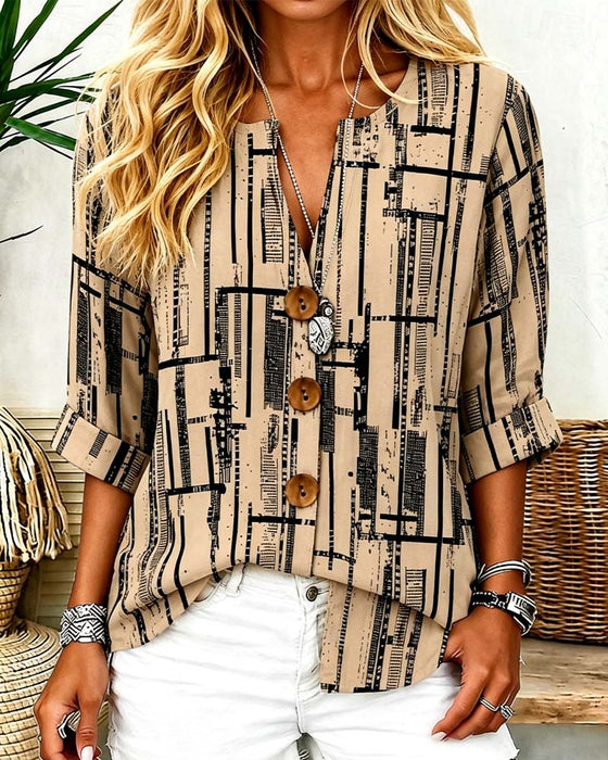 V-Neck Button-Down Striped Blouse
