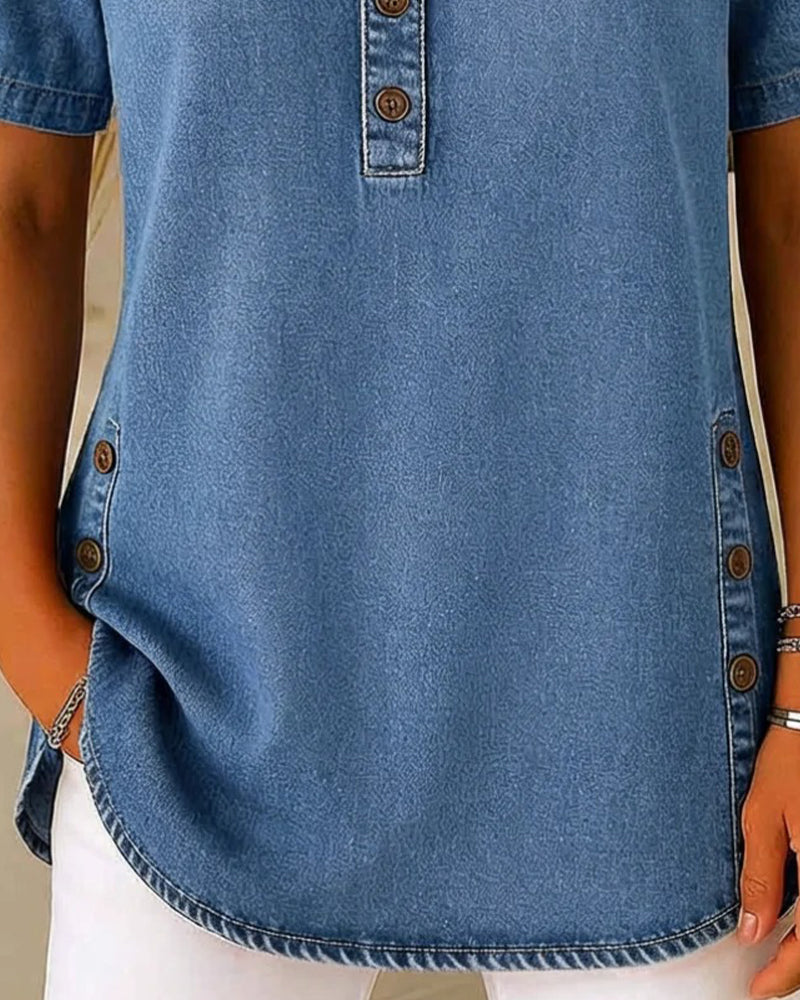 Button-Front Denim Short Sleeve Top