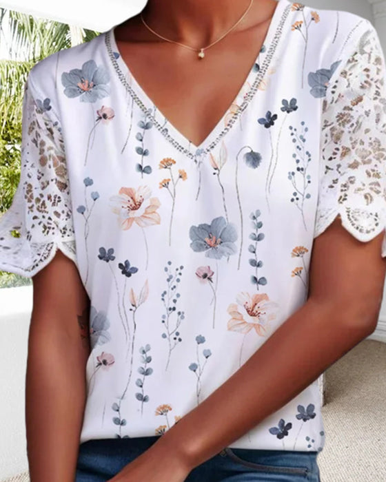 Lace-patched and printed blouse