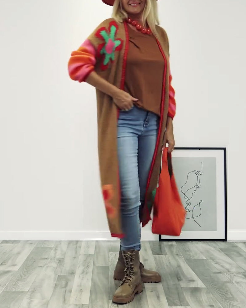 Floral pattern casual long cardigan