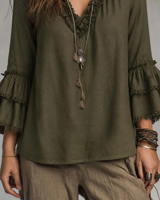 V-Neck Two-Tier Sleeve Ruffle Blouse