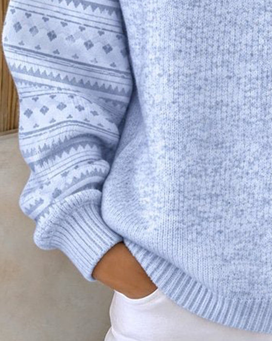 Round Neck Buttoned Striped Loose Sweatshirt