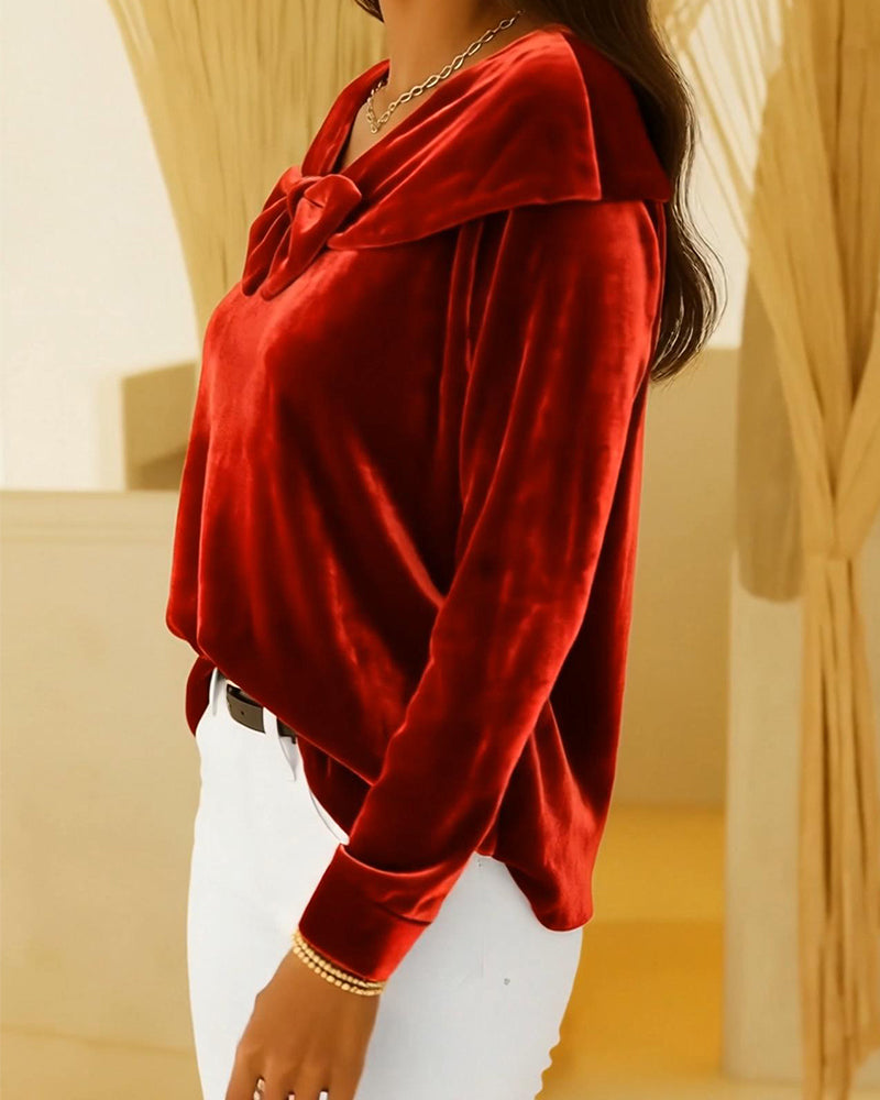 Solid Color Bow V-Neck Top