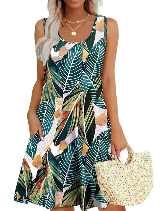 Elegant Leaf Print Sleeveless Dress