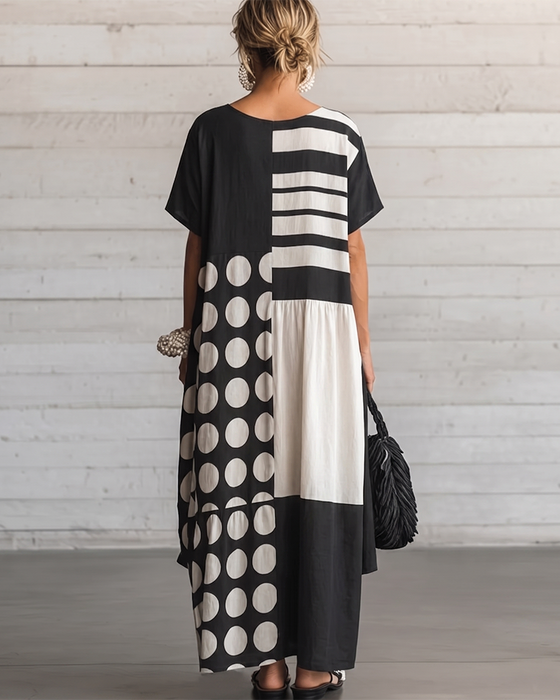 Crew Neck Short Sleeve Polka Dot Patchwork Dress