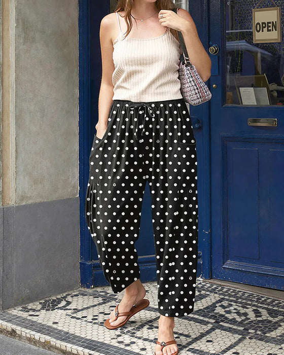 Drawstring Polka Dot Pocket Wide-Leg Cropped Pants