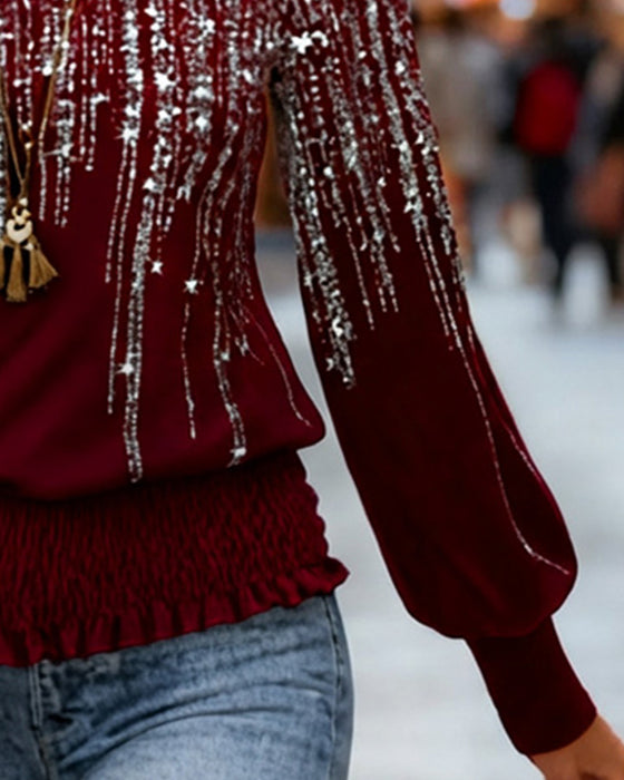 Round Neck Fashionable Printed Long-Sleeved Top