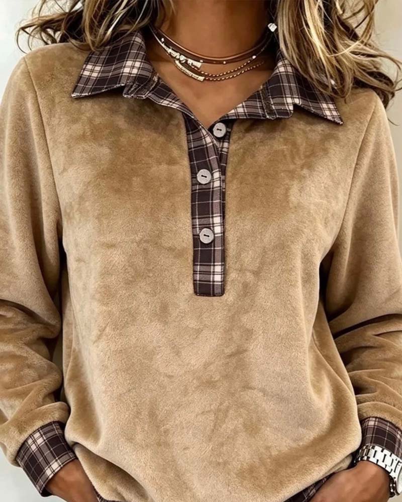 Lapel Button Plaid Patchwork Sweatshirt