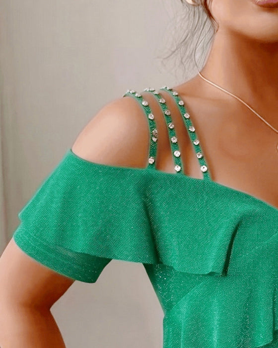 Diamond Strap Ruffled Off-Shoulder V-Neck T-Shirt