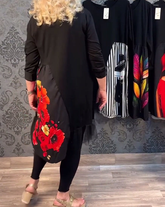 Spliced mesh floral print casual dress