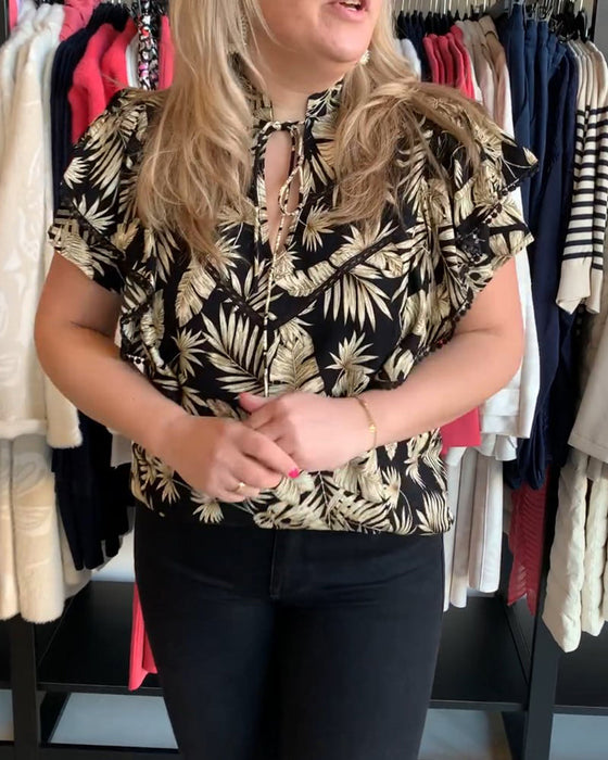 Leaf print ruffle sleeve blouse
