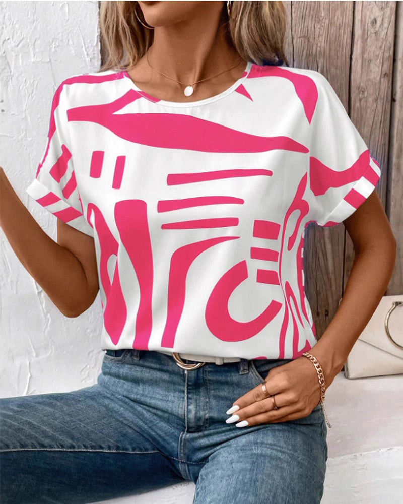 Round Neck Short Sleeve Geometric Print T-Shirt