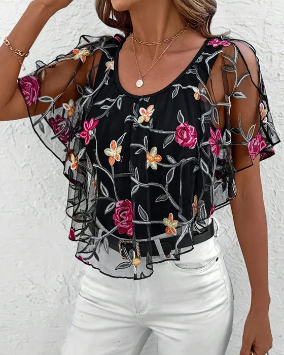 Embroidered Mesh Heavy Duty Blouse