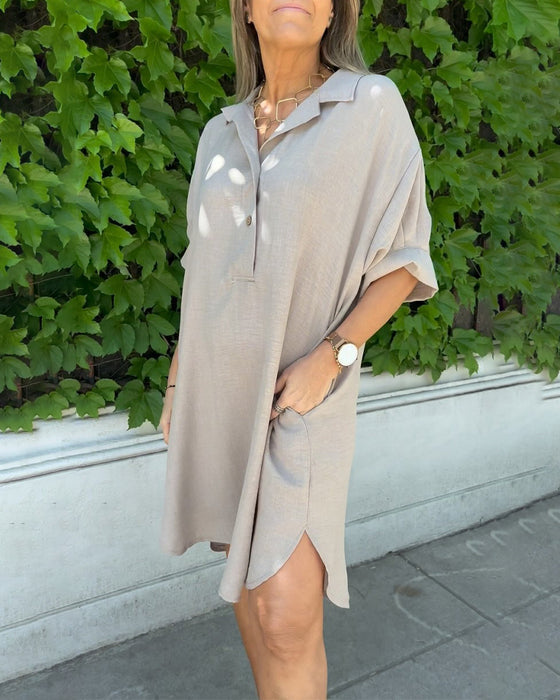 Solid Color Button-Down Slit Shirt Dress