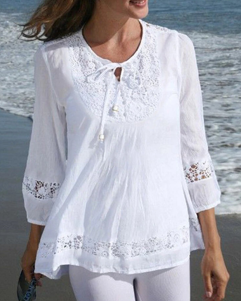 Crew Neck Tie Lace Patchwork Solid Blouse