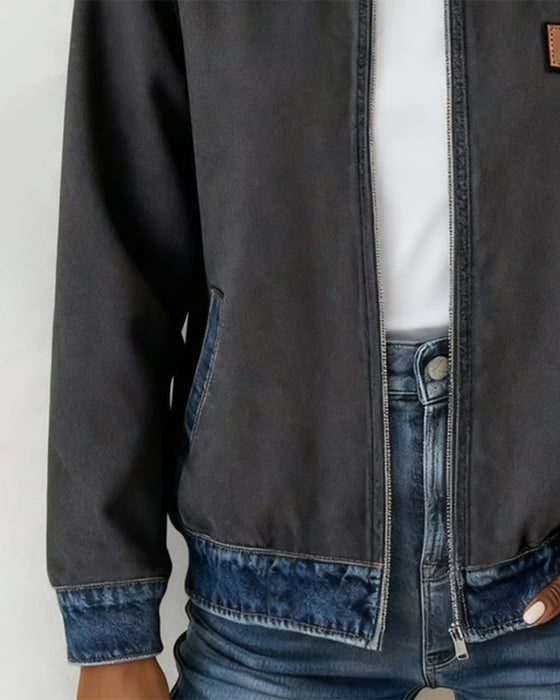 Contrast Lapel Zip-Up Coat