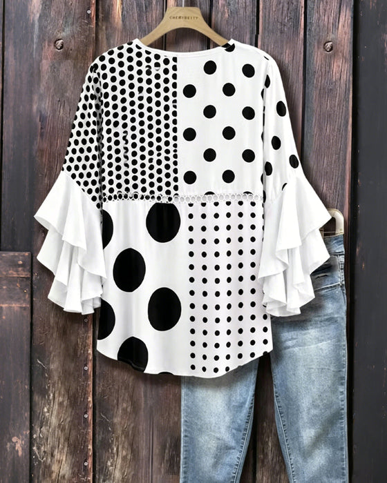 Mixed Polka Dot Patchwork Ruffle Blouse