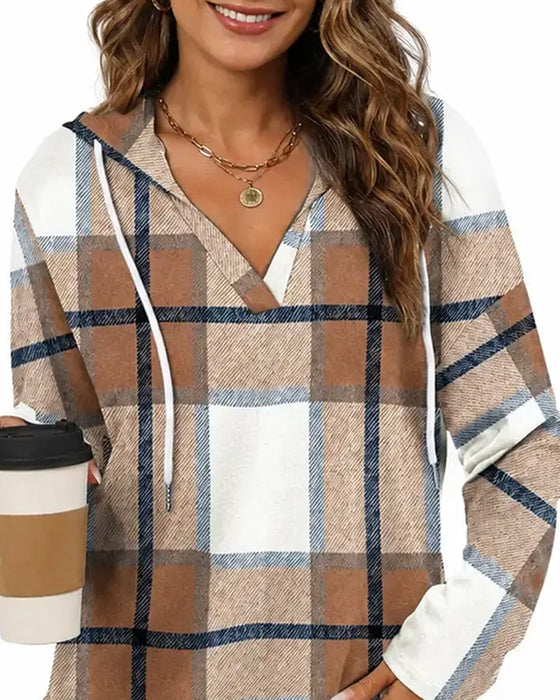 Plaid Hooded Drawstring Blouse