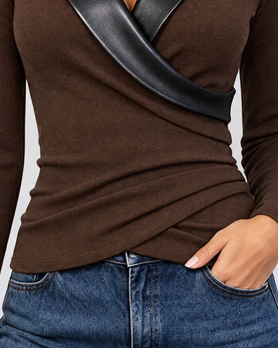 PU Lapel Cross Long Sleeve Top