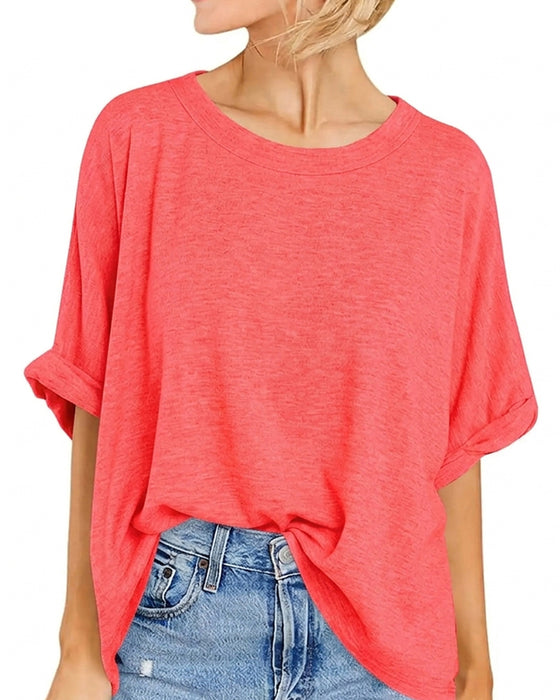 Drop Shoulder Rolled Hem Short Sleeve T-Shirt