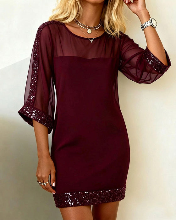 Sequin Paneled Mesh Crew Neck Dress