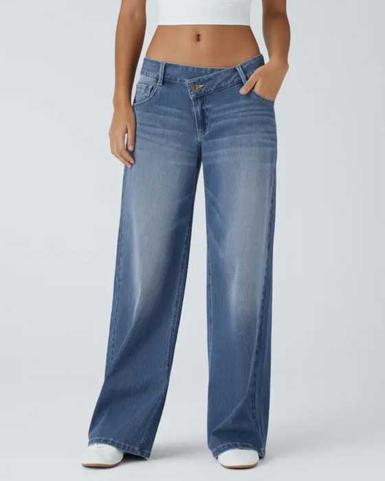 Asymmetrical Low-Waist Wide-Leg Jeans