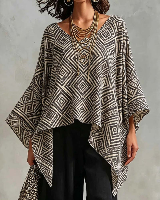 Diamond Pattern Irregular Casual Blouse