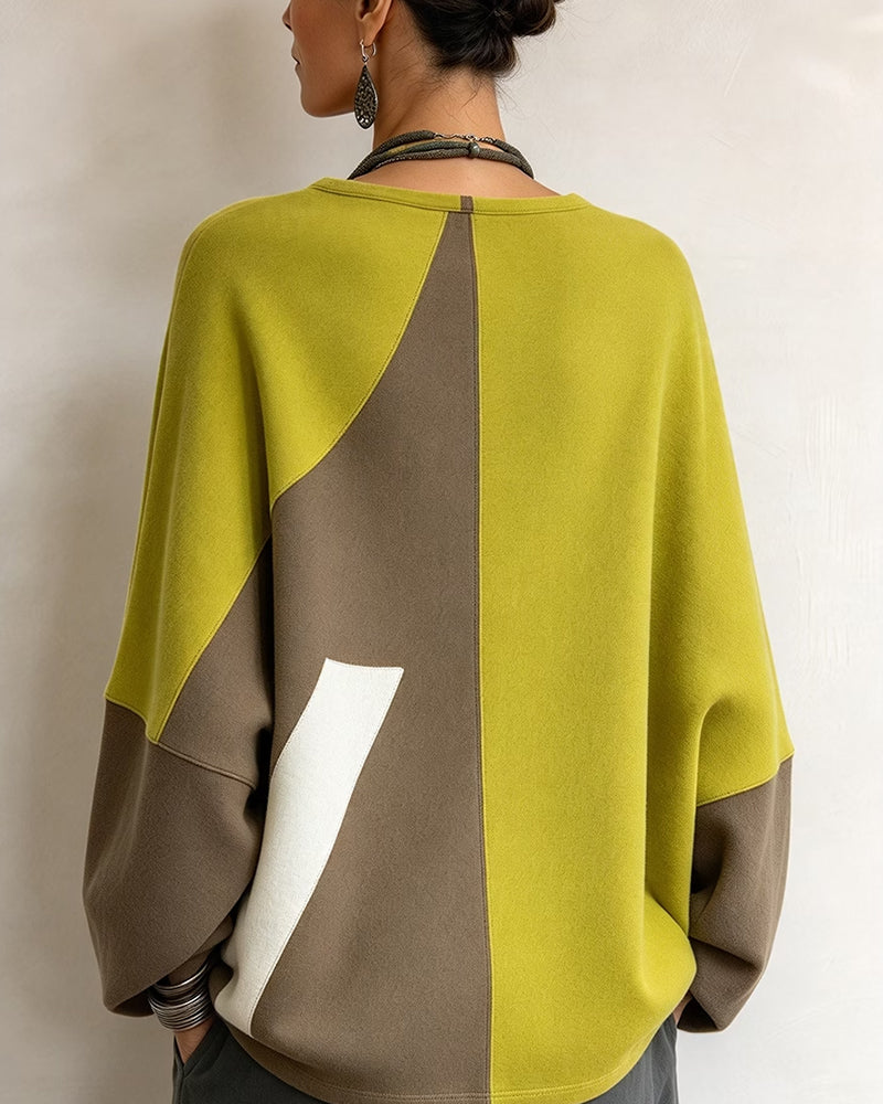Crew Neck Raglan Sleeve Color-Block Top