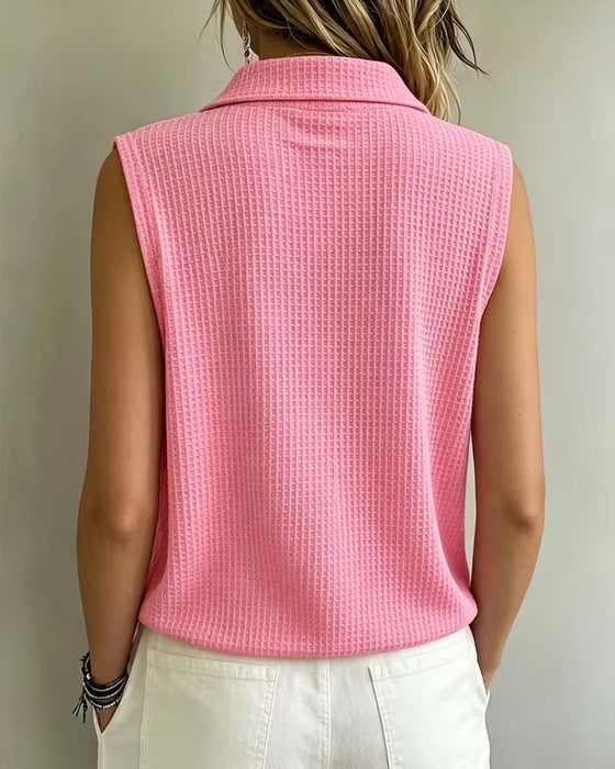 Sleeveless Polo Collar Waffle Tank Top