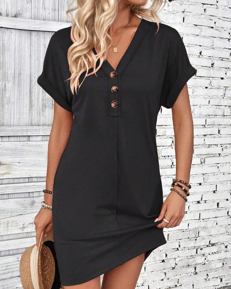 Versatile Buckle V-Neck Dress