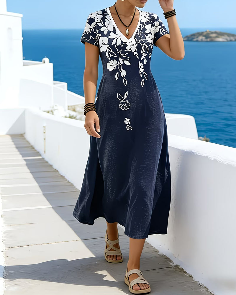 V-Neck Waist-Cinched Flared Dress