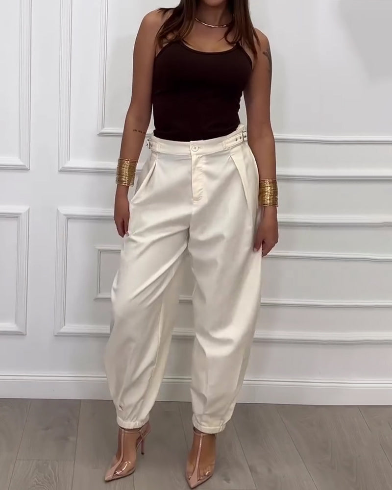 Solid Color Buttoned Jogger Pants