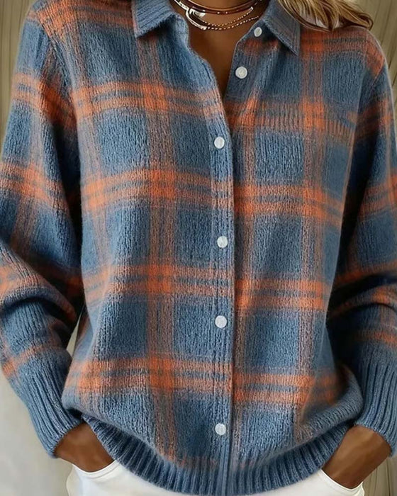 Plaid Shirt Collar Buttoned Cardigan