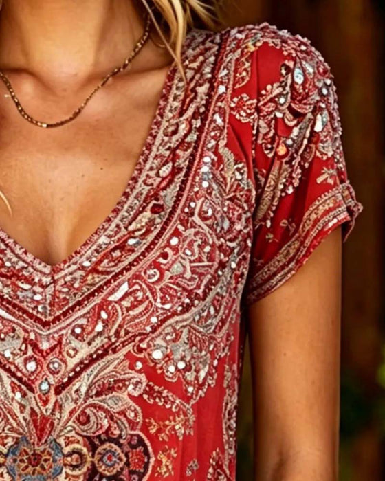 Boho V-Neck Printed Short-Sleeve T-Shirt