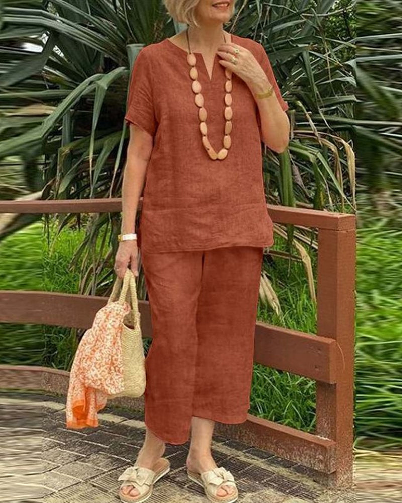 Short Sleeve Shirt Elastic Waist Cropped Pants Two-Piece Sets