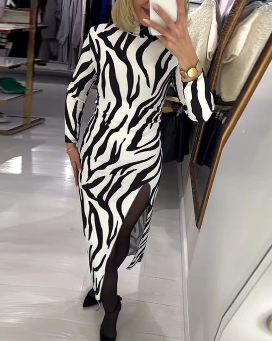 Slit Fitted Zebra Long-Sleeve Dress