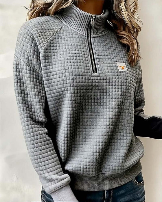 Stand Collar Waffle Color Block Sweatshirt